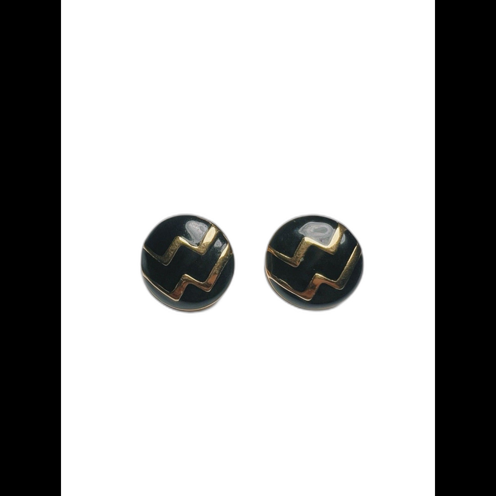 Vintage Earrings 90's Black and Gold Round Enamel Dark Academia Jewelry